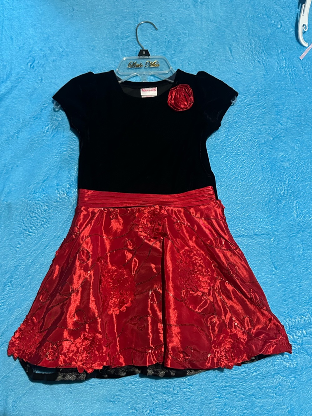 Size 5-Girls Black Velvet Top with Red Satin Floral Skirt Dress